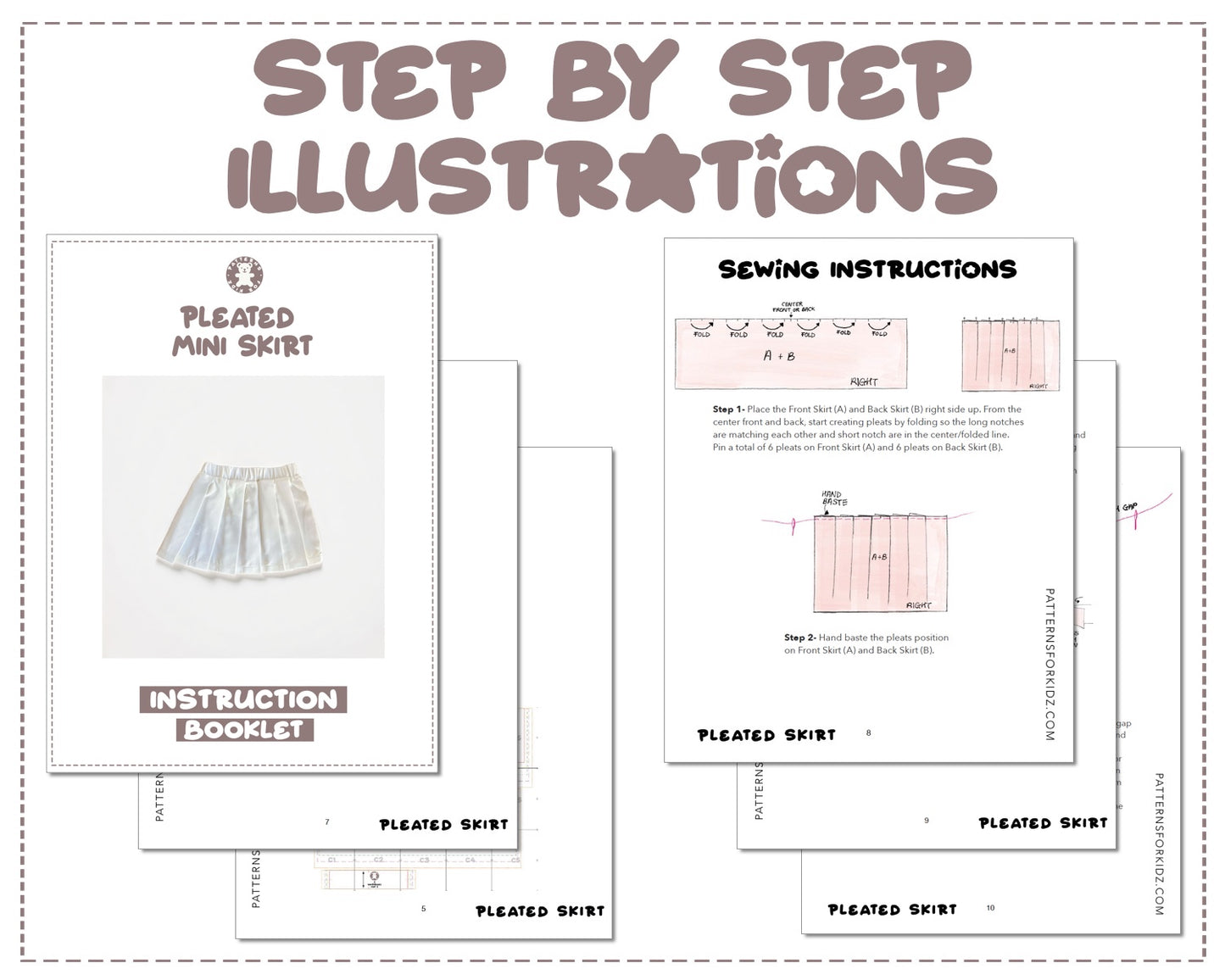 Elastic Waist Pleated Skirt sewing pattern step by step illustrations.