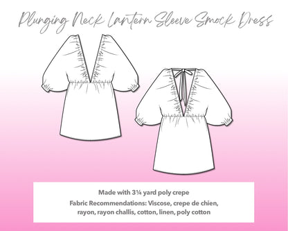 Illustration and detailed description for Plunging Neck Lantern Sleeve Smock Dress sewing pattern. Made with 3¼ yard poly crepe. Other Fabric Recommendations: viscose, crepe de chien, rayon, rayon challis, cotton, linen, poly cotton. 