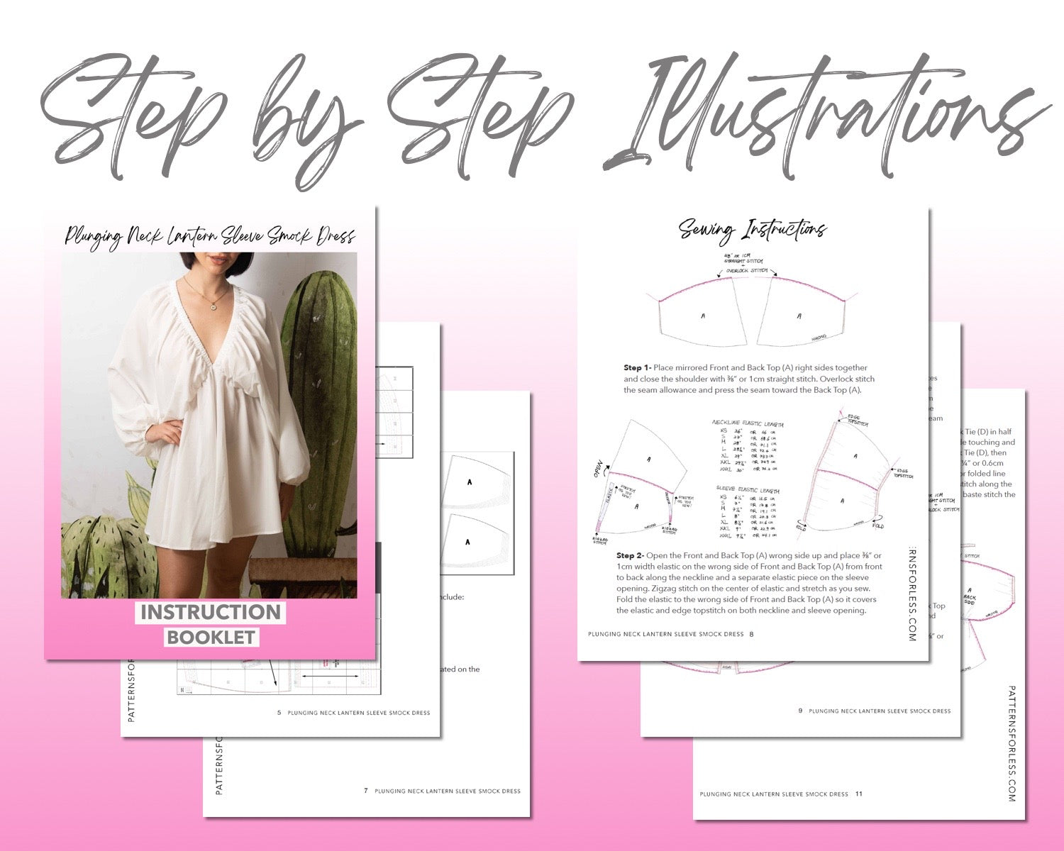 Plunging Neck Lantern Sleeve Smock Dress sewing pattern step by step illustrations.
