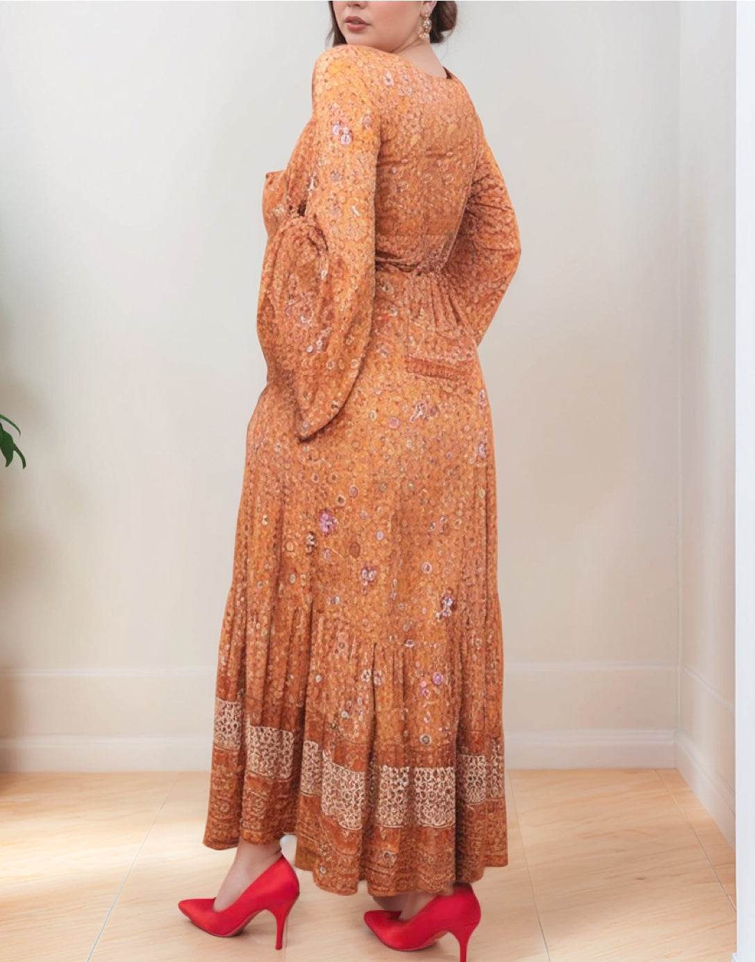 Back view of Plus Size Bell Sleeve Tie Front Wrap Maxi Dress.