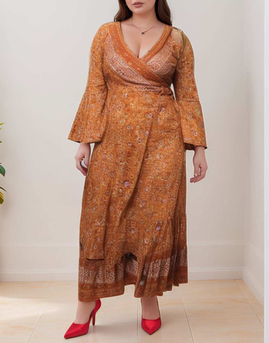 Side view of Plus Size Bell Sleeve Tie Front Wrap Maxi Dress.