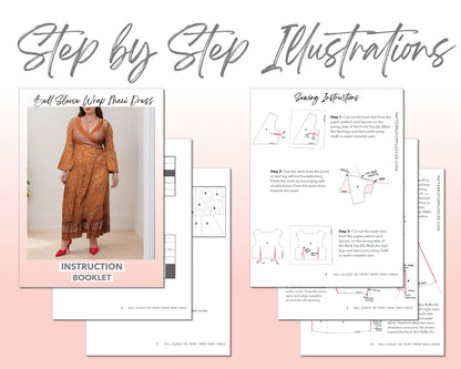 Plus Size Bell Sleeve Tie Front Wrap Maxi Dress sewing pattern step by step illustrations.