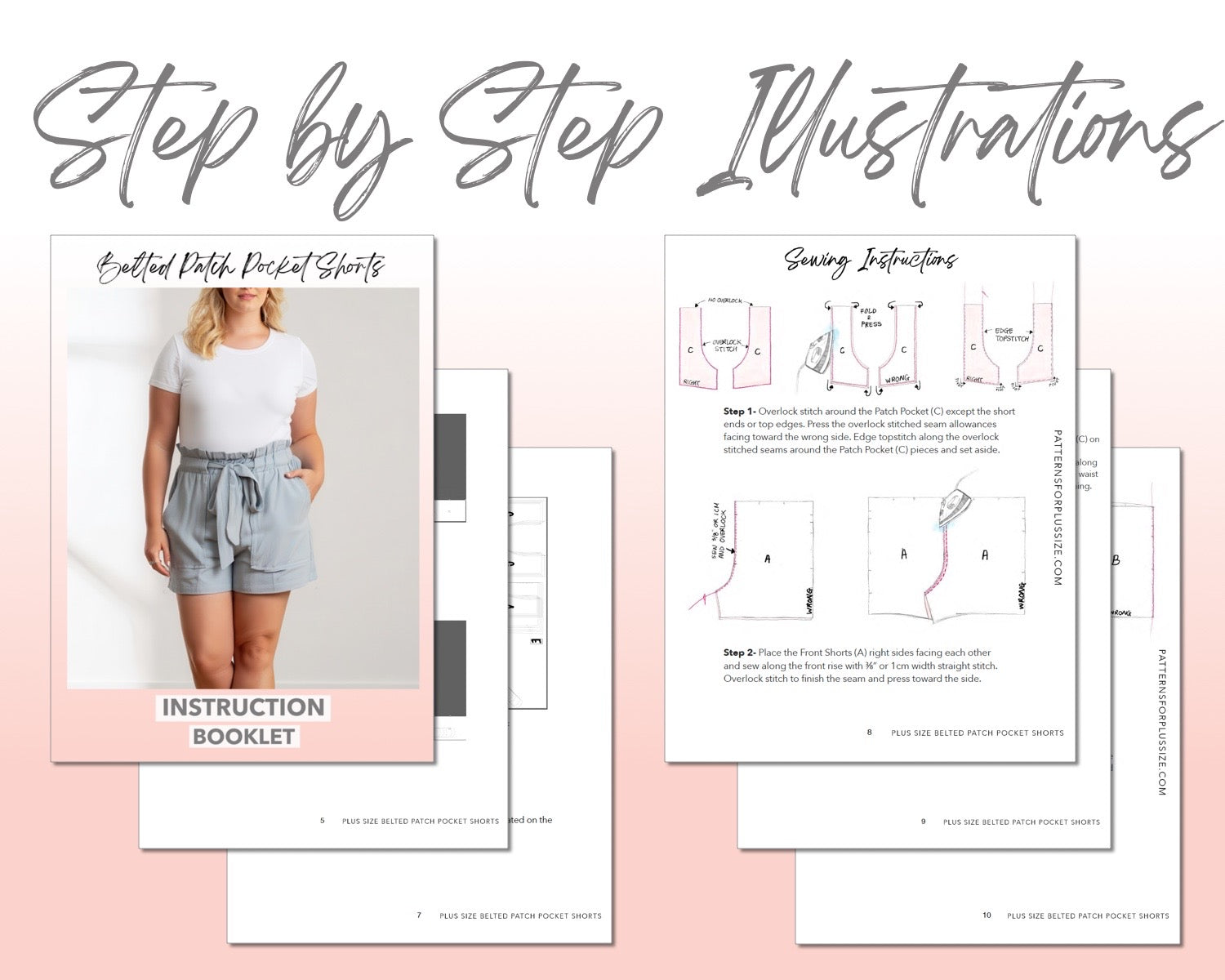 Plus Size Belted Patch Pocket Shorts sewing pattern step by step illustrations.