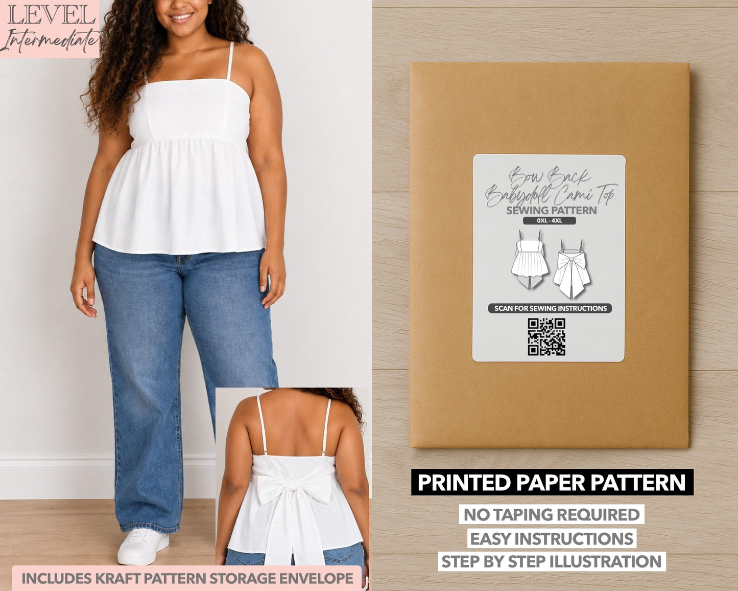 Easy Shorts Paper Sewing Pattern on a wooden workbench with manila envelop.