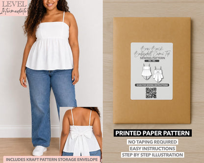 Easy Shorts Paper Sewing Pattern on a wooden workbench with manila envelop.