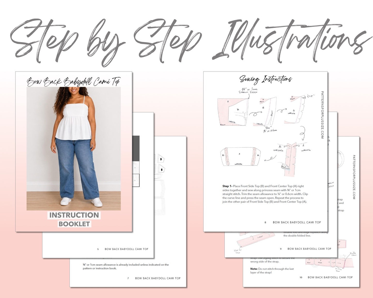 Plus Size Bow Back Babydoll Cami Top sewing pattern instruction booklet showing step by step illustrations to make the garment.
