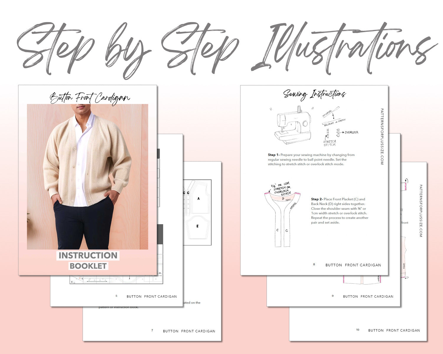 Plus Size Button Front Cardigan sewing pattern step by step illustrations.