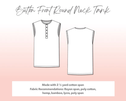 Illustration and detailed description for Plus Size Button Front Round Neck Tank Top sewing pattern.