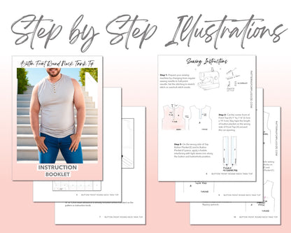 Plus Size Button Front Round Neck Tank Top sewing pattern step by step illustrations.