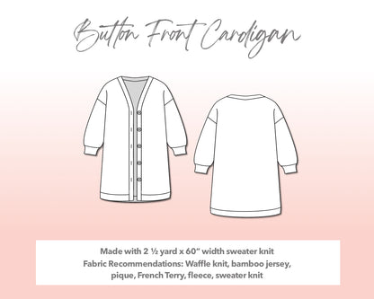 Illustration and detailed description for Plus Size Button Front Cardigan sewing pattern.