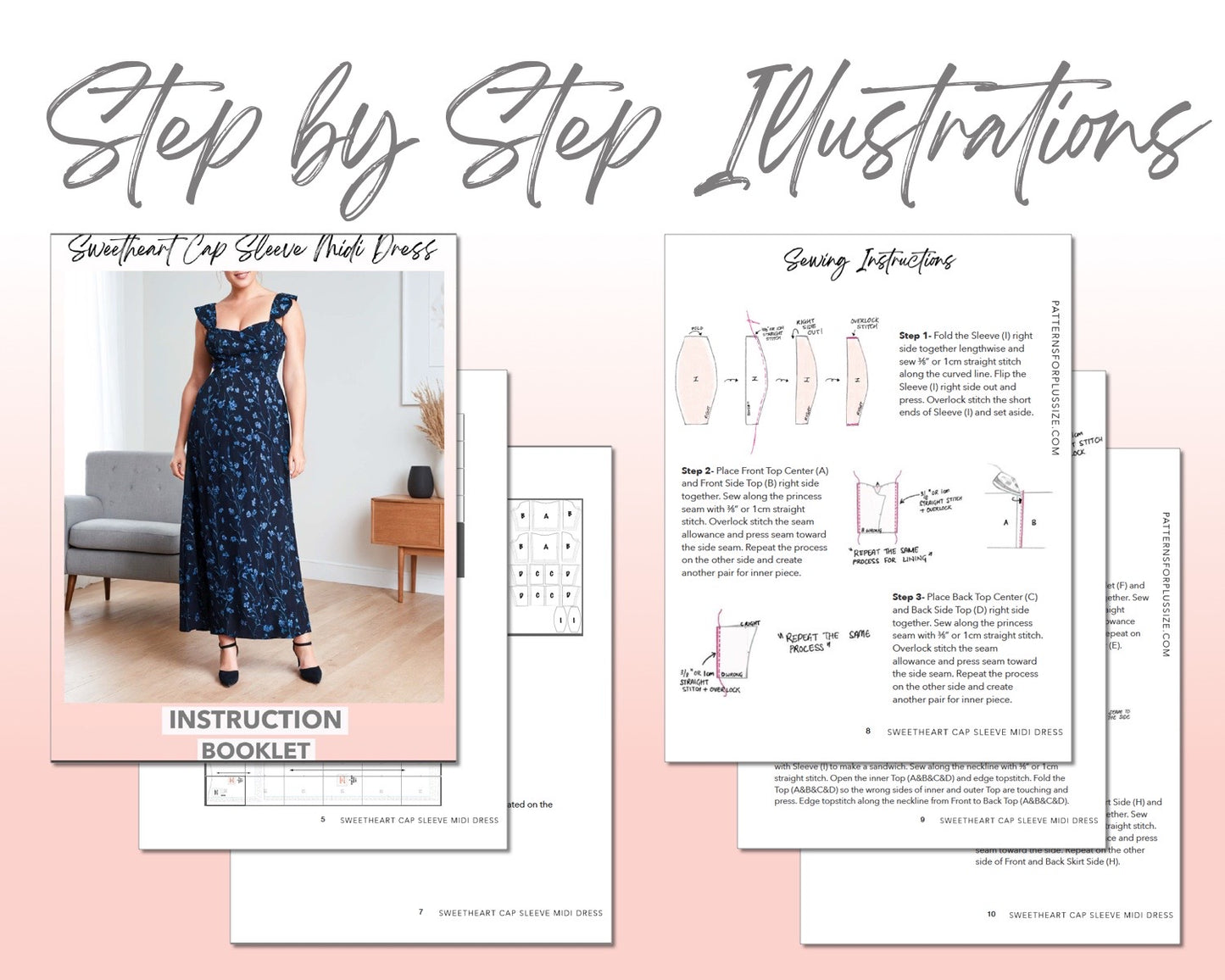 Plus Size Sweetheart Cap Sleeve Midi Dress sewing pattern step by step illustrations.