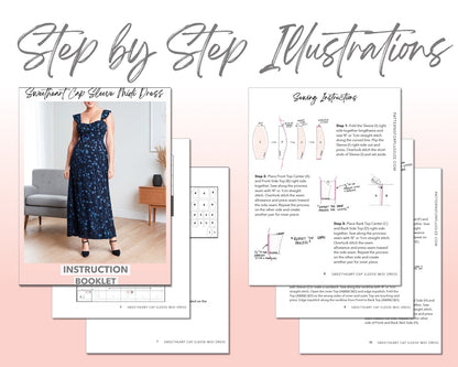 Plus Size Sweetheart Cap Sleeve Midi Dress sewing pattern step by step illustrations.