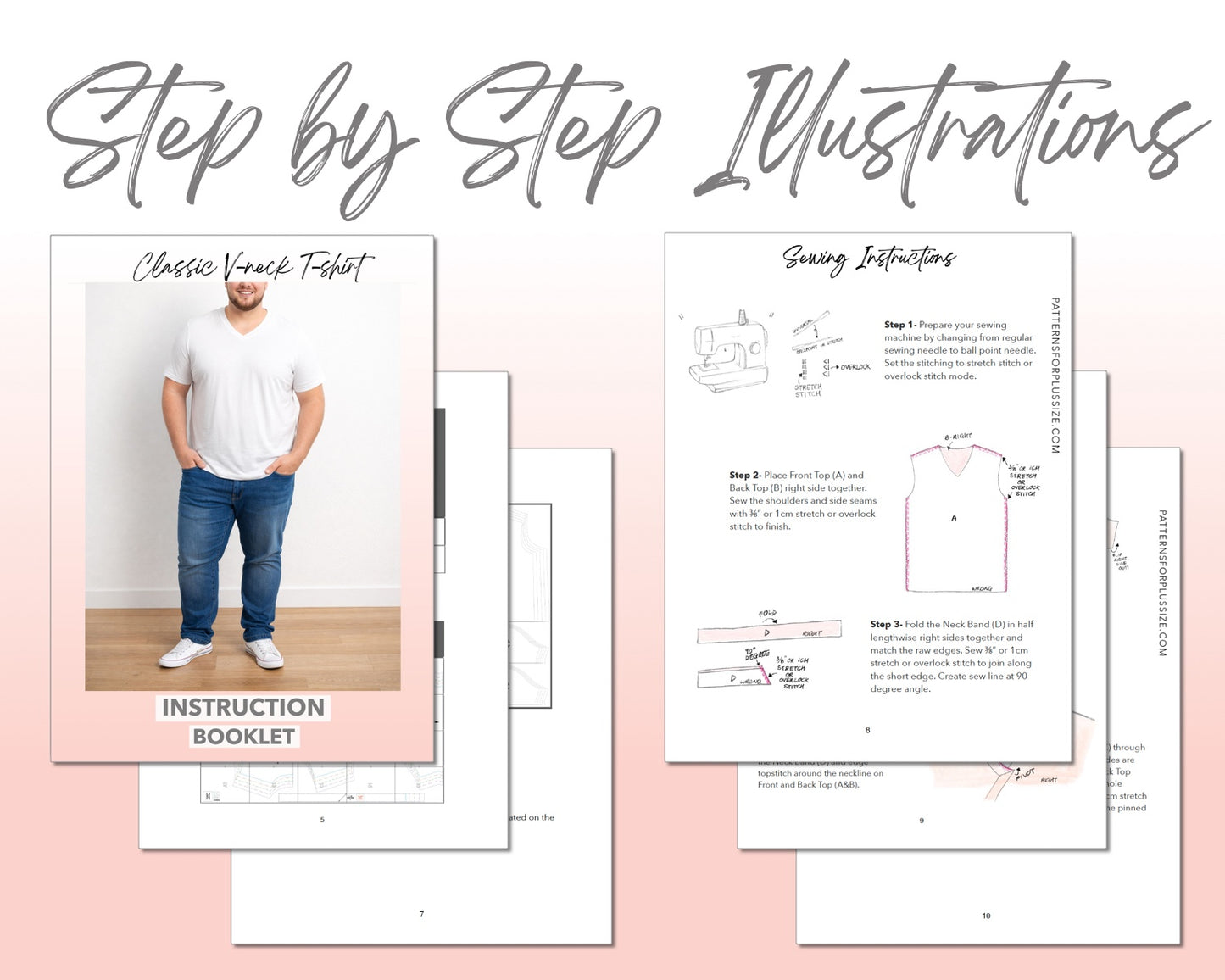 Plus Size Classic V-Neck T-Shirt sewing pattern instruction booklet showing step by step illustrations to make the garment.