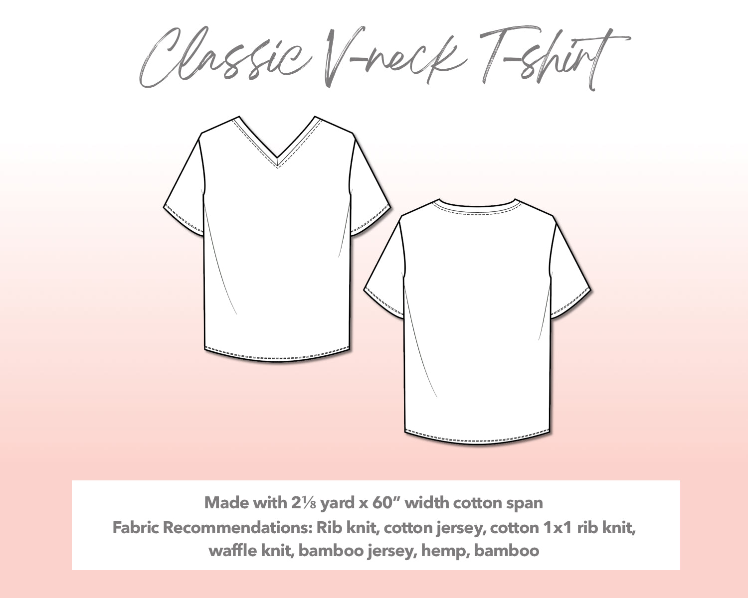 Illustration and detailed description for Plus Size Classic V-Neck T-Shirt sewing pattern.