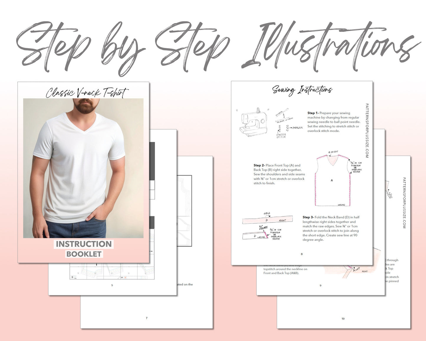 Plus Size Classic V-Neck T-Shirt sewing pattern step by step illustrations.