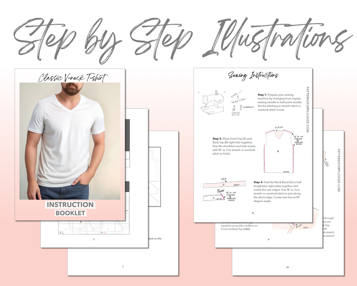 Plus Size Classic V-Neck T-Shirt sewing pattern step by step illustrations.