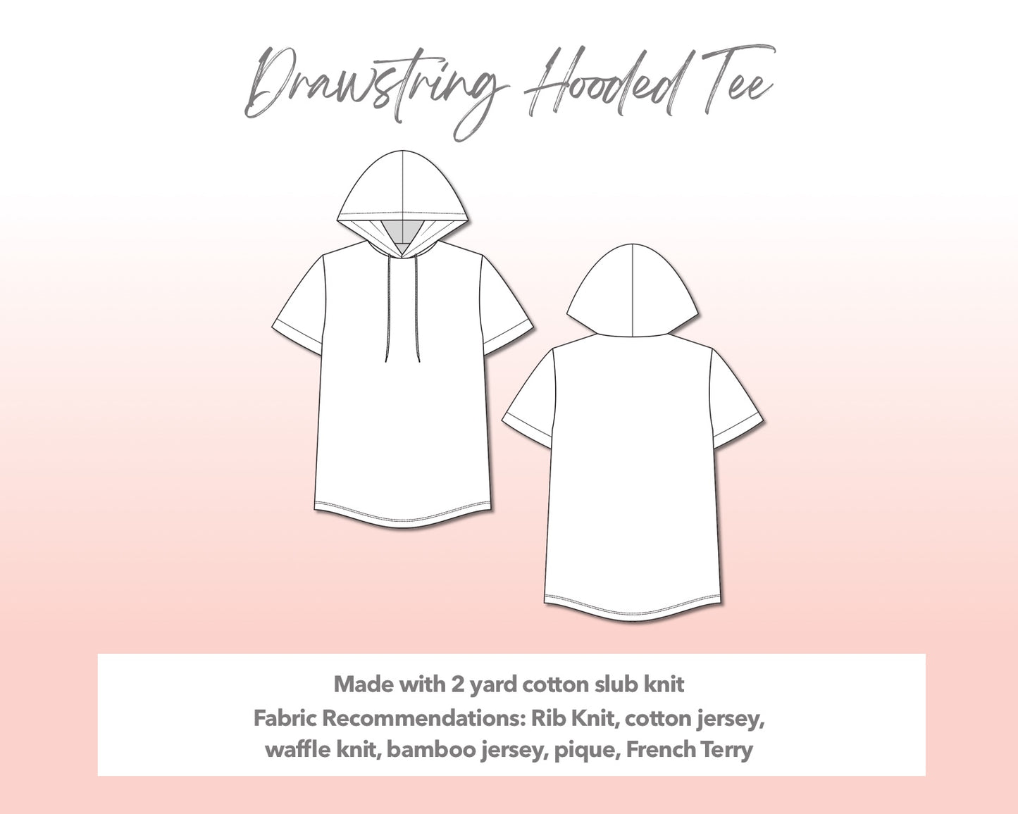 Illustration and detailed description for Plus Size Drawstring Hooded Tee sewing pattern.