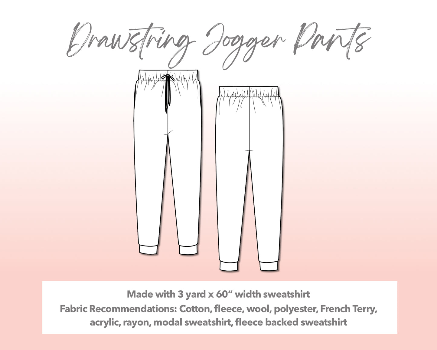 llustration and detailed description for Plus Size Drawstring Jogger Pants sewing pattern.