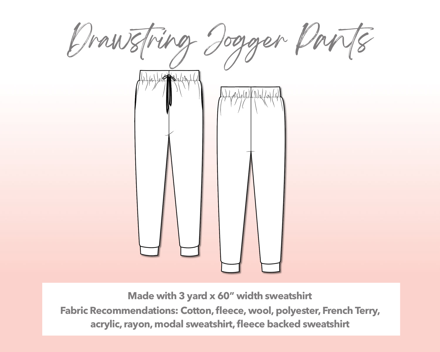 llustration and detailed description for Plus Size Drawstring Jogger Pants sewing pattern.