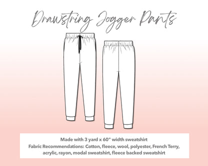 llustration and detailed description for Plus Size Drawstring Jogger Pants sewing pattern.