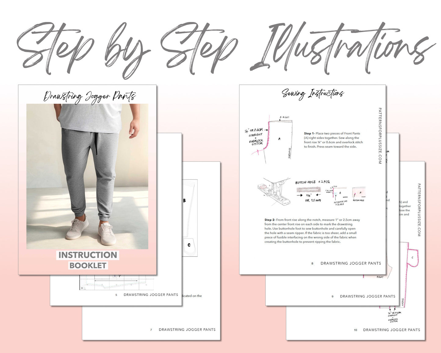 Plus Size Drawstring Jogger Pants sewing pattern step by step illustrations.