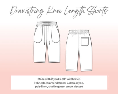 Illustration and detailed description for Plus Size Drawstring Knee Length Shorts sewing pattern.