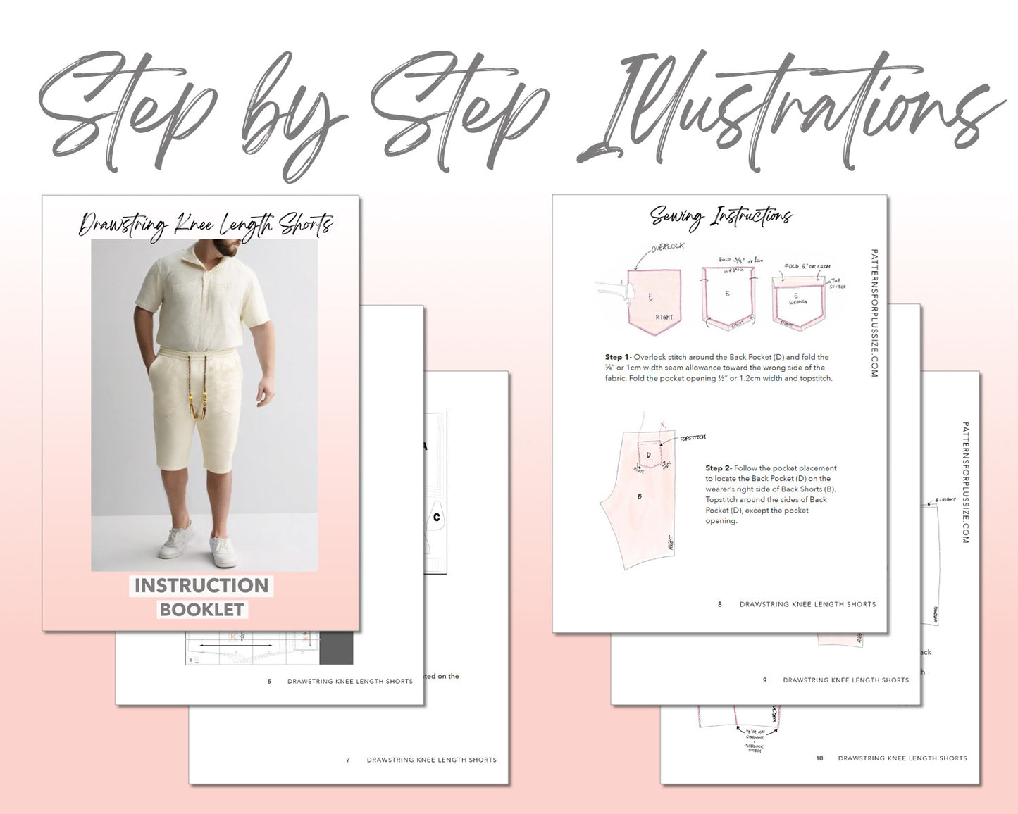 Plus Size Drawstring Knee Length Shorts sewing pattern step by step illustrations.