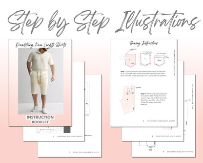 Plus Size Drawstring Knee Length Shorts sewing pattern step by step illustrations.