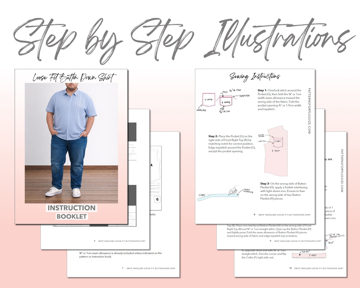 Plus Size Drop Shoulder Loose Fit Button Down Shirt sewing pattern instruction booklet showing step by step illustrations to make the garment.