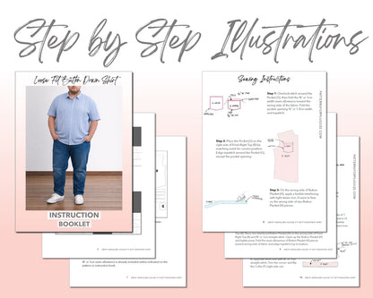 Plus Size Drop Shoulder Loose Fit Button Down Shirt sewing pattern instruction booklet showing step by step illustrations to make the garment.
