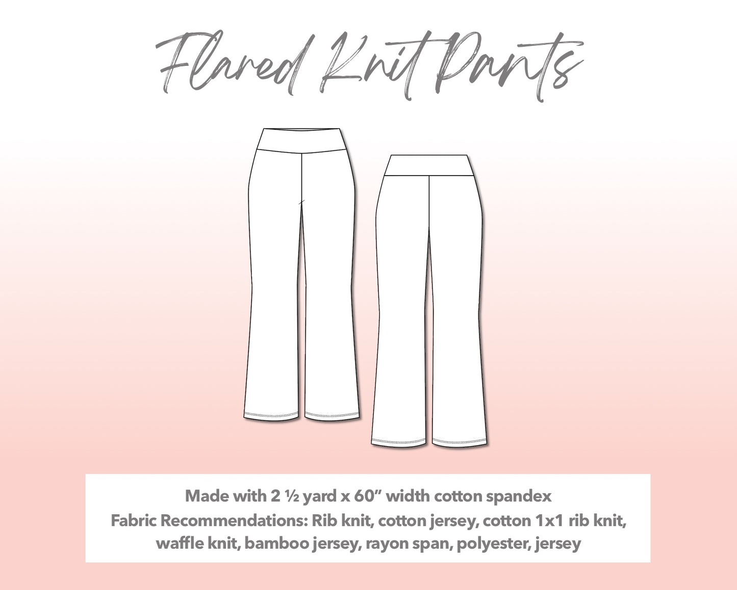 Illustration and detailed description for Plus Size Flared Knit Pants sewing pattern.