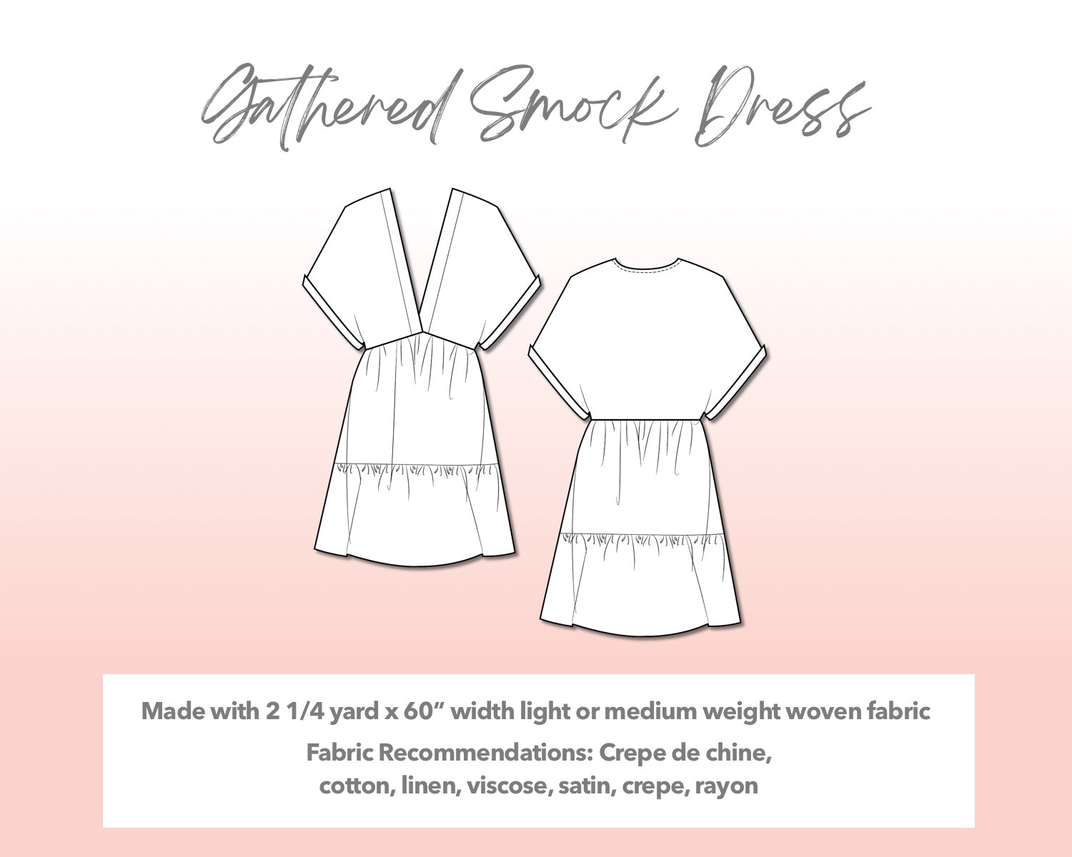 Illustration and detailed description for Plus Size Gathered Smock Dress sewing pattern.