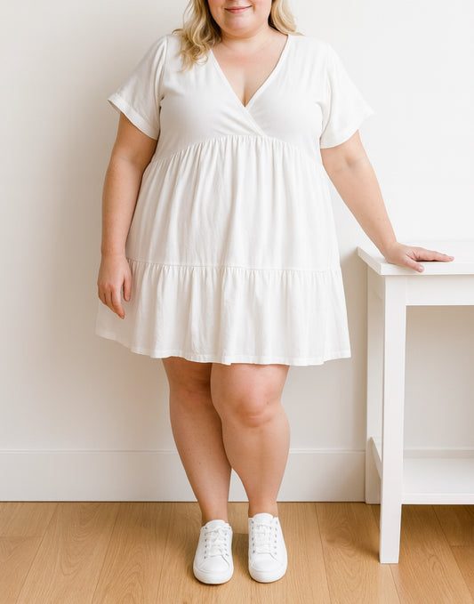 Front view of Plus Size Gathered Smock Dress.