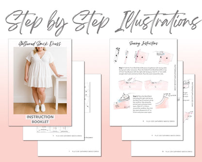 Plus Size Gathered Smock Dress sewing pattern step by step illustrations.