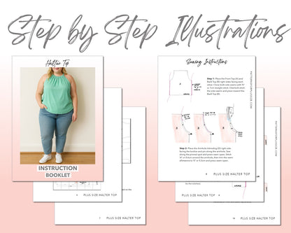 Plus Size Halter Top sewing pattern step by step illustrations.
