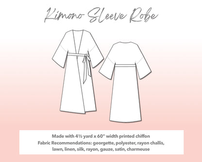 Illustration and detailed description for Plus Size Kimono Sleeve Robe sewing pattern.