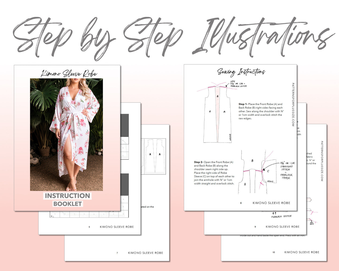 Plus Size Kimono Sleeve Robe sewing pattern step by step illustrations.