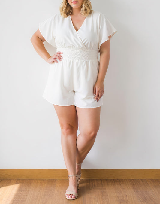 Front view of Plus Size Kimono Sleeve Surplice Romper.
