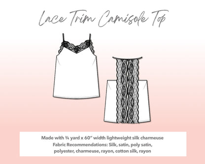 Illustration and detailed description for Plus Size Lace Trim Camisole Top sewing pattern.