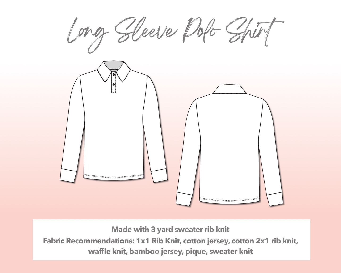 Illustration and detailed description for Plus Size Long Sleeve Polo Shirt sewing pattern.