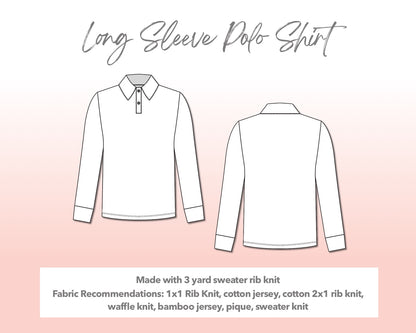 Illustration and detailed description for Plus Size Long Sleeve Polo Shirt sewing pattern.