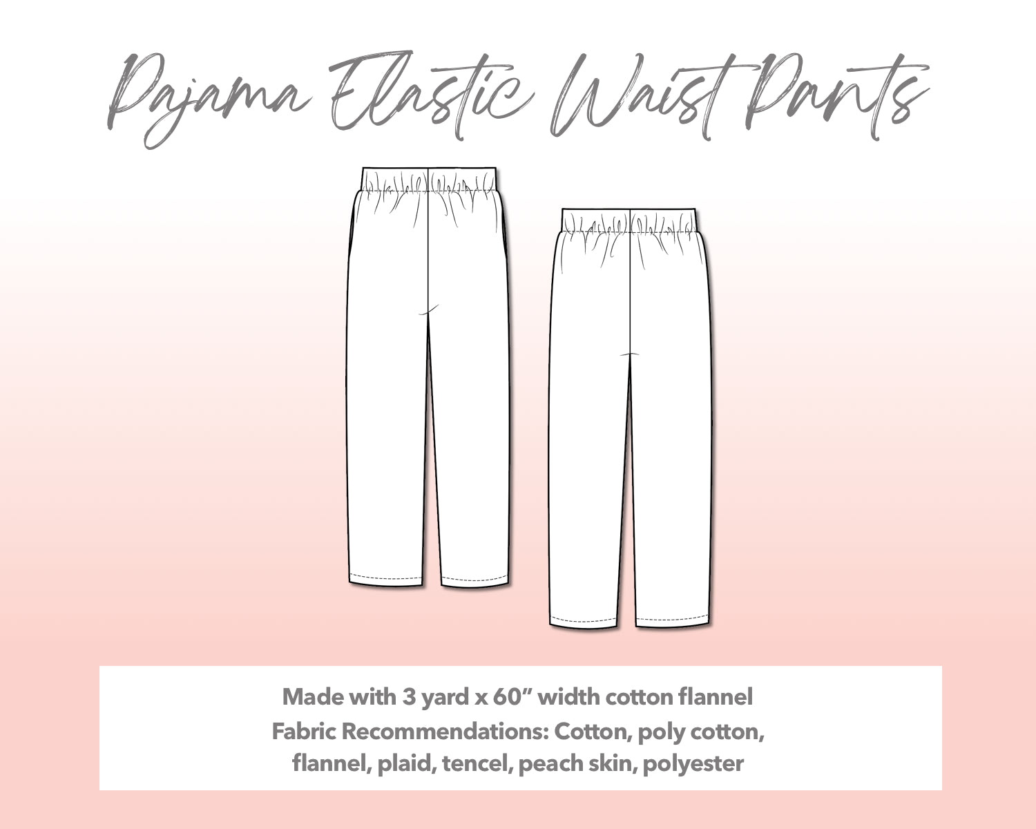 Illustration and detailed description for Plus Size Pajama Elastic Waist Pants sewing pattern.