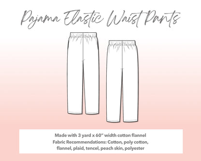 Illustration and detailed description for Plus Size Pajama Elastic Waist Pants sewing pattern.