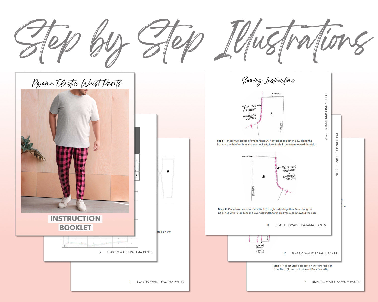 Plus Size Pajama Elastic Waist Pants sewing pattern step by step illustrations.