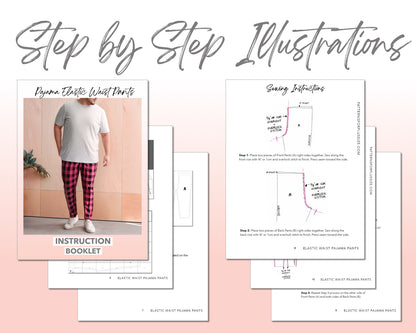 Plus Size Pajama Elastic Waist Pants sewing pattern step by step illustrations.