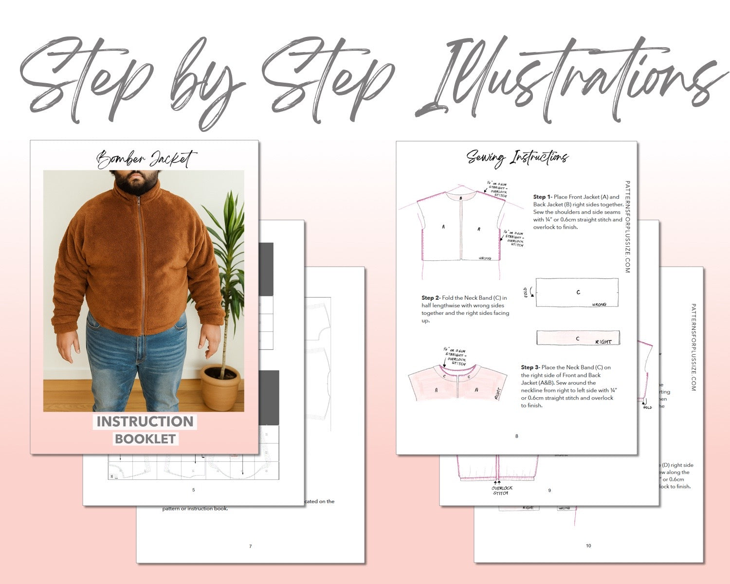 Plus Size Mens Bomber Jacket sewing pattern step by step illustrations.