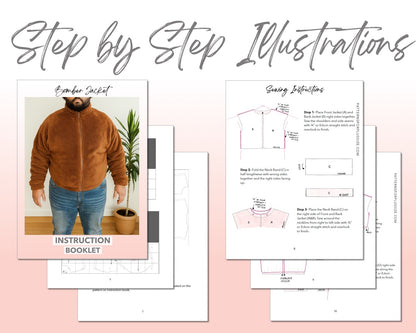 Plus Size Mens Bomber Jacket sewing pattern step by step illustrations.