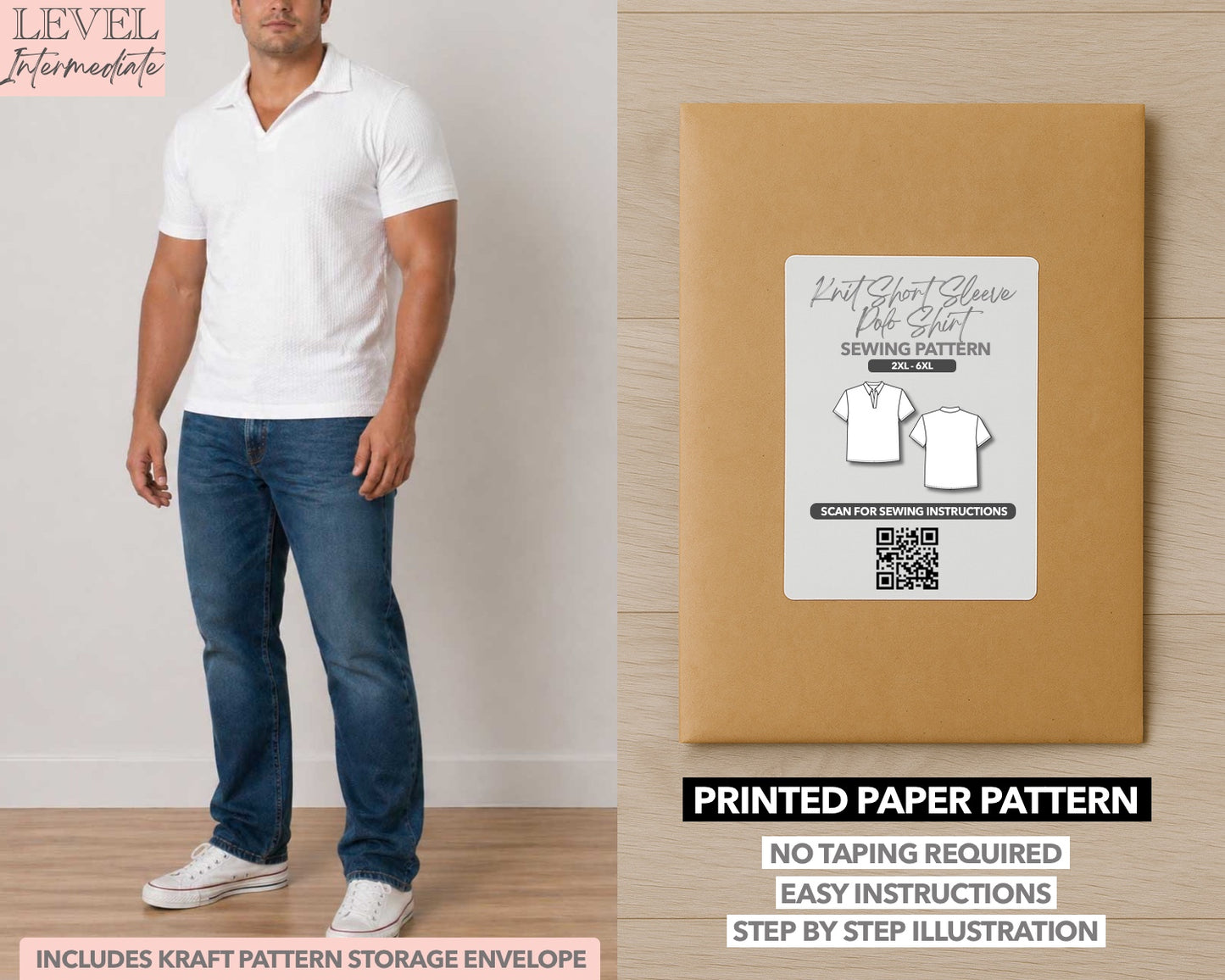 Plus Size Mens Knit Shorts Sleeve Polo Shirt printed sewing pattern with easy instructions and step by step illustrations.