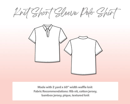 Illustration and detailed description for Plus Size Mens Knit Shorts Sleeve Polo Shirt sewing pattern. Made with 2 yard x 60” width waffle knit. Other Fabric Recommendations: rib nit, cotton jersey, bamboo jersey, pique, textured knit.
