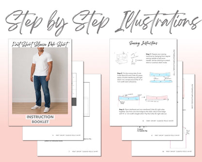 Plus Size Mens Knit Shorts Sleeve Polo Shirt sewing pattern instruction booklet showing step by step illustrations to make the garment.
